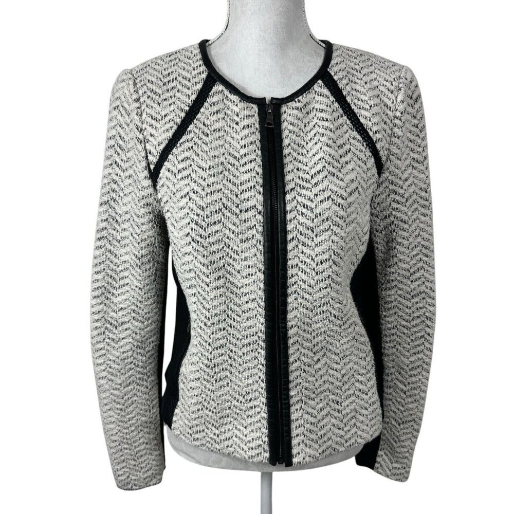 Rebecca Taylor Women's Fitted 19 Tweed Zip Blazer‎ Black & Creme Faux Leather